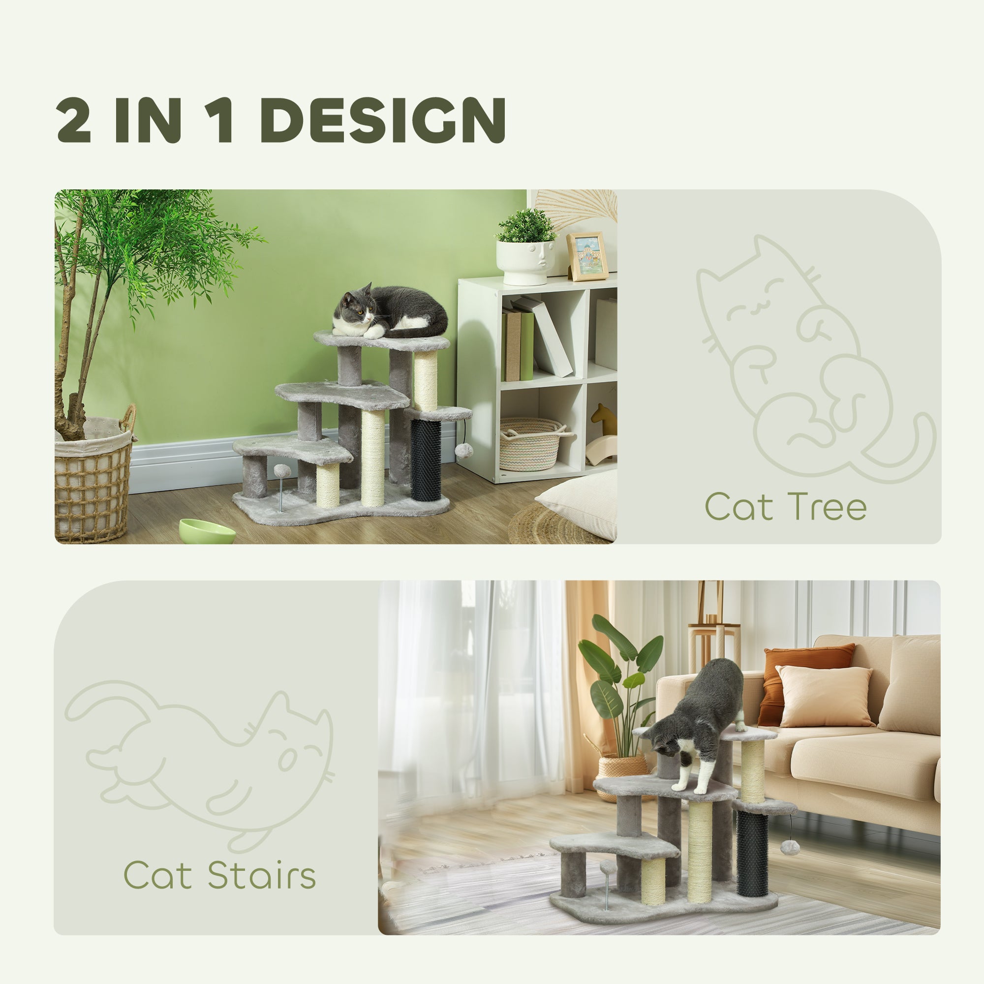 2 in 1 Cat Tree Tower 3-Step Pet Stairs with Scratching Posts, Tickling Post, Toy Balls, for High Beds, Couch